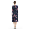 D082 Women Floral print knit three-quarter sleeve mock wrap midi day dress