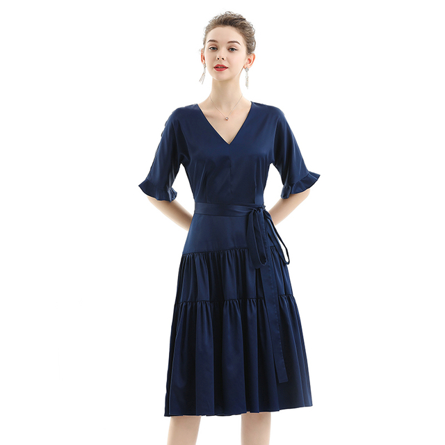 D081 Women Solid satin short sleeves tiered midi day dress