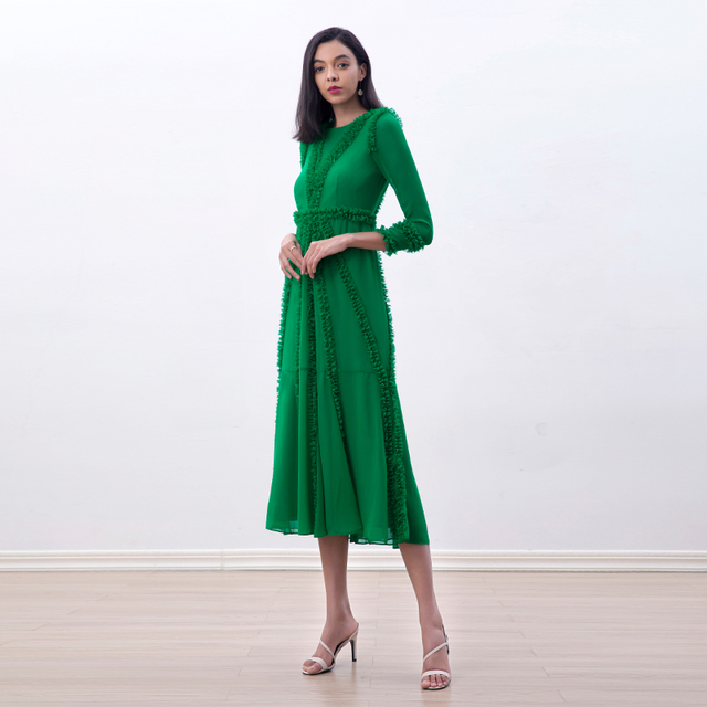 D084 Women Solid chiffon three quarters sleeves ruffle detailed midi party dress