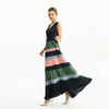 D198 Women Color block satin V neck pleated maxi evening dress