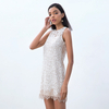 D097-2 Women Peony flower eyelash lace sleeveless fitted day and party mini dress