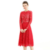 D080-2 Women floral scallop lace long sleeves flared pleated party midi dress