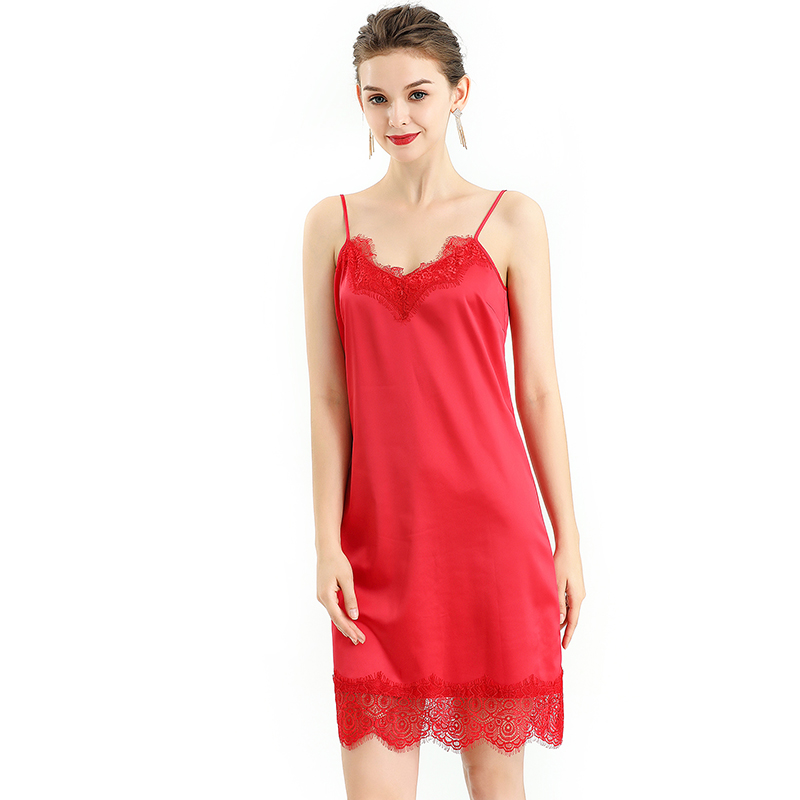 D102 Women Solid polyester lace trimmed strappy mini slip dress
