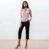 T268 Women Paisley print jacquard satin band collar neck tie puff sleeves blouse