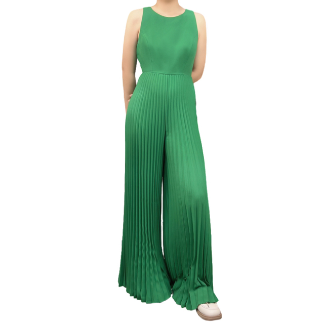 R404 Women Solid sleeveless sunburst pleated party jumpsuit