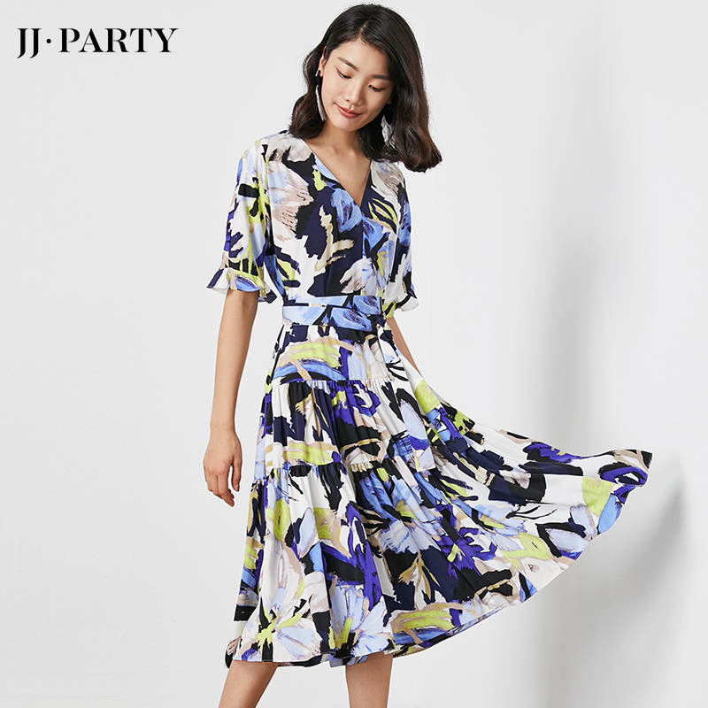 C109 Women Fashion floral print short sleeves tiered midi day dress