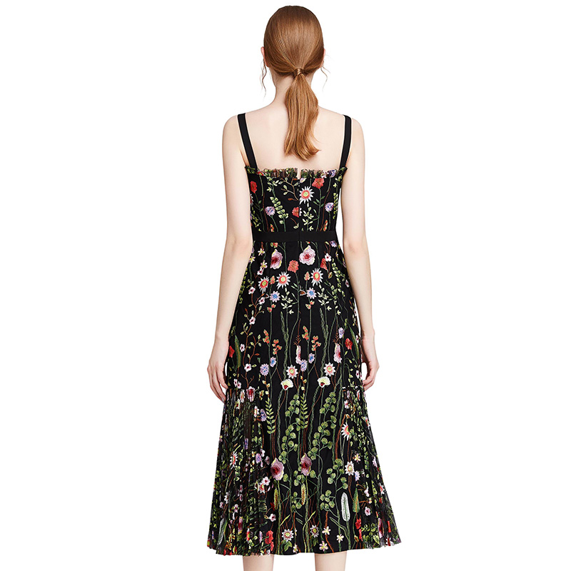 D001 Women All-over floral embroidered tulle bare shoulder grosgrain strap midi party dress