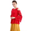 T086 Women Solid floral eyelash lace long sleeve cold shoulder party peplum top