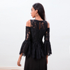 T086 Women Solid floral eyelash lace long sleeve cold shoulder party peplum top