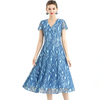 D062-8 Women 2-tone eyelet lace V neck cap sleeves flared midi evening dress