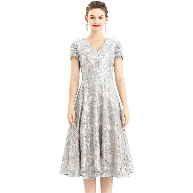 D062-7 Women Scroll leaf flower sequin embellished V neck cap sleeves flared midi evening dress