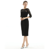 D072 Women Polyester knit scallop lace panel three-quarter sleeves fitted party midi dress