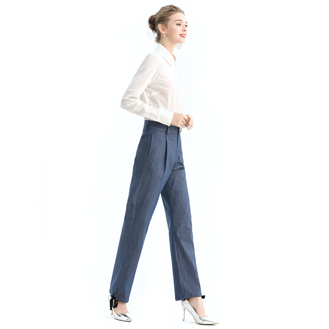 P181 Women Tencel polyester stretch denim straight leg smart casual tailored trousers