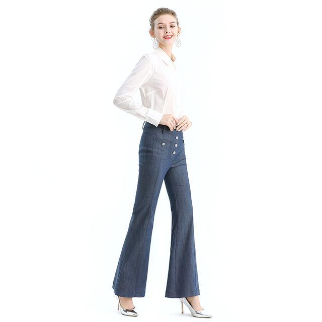 P177 Women Tencel polyester stretch denim button fly smart casual trousers
