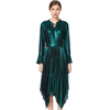 D042 Women Metallic knit long sleeves pleated handkerchief-hem midi party dress