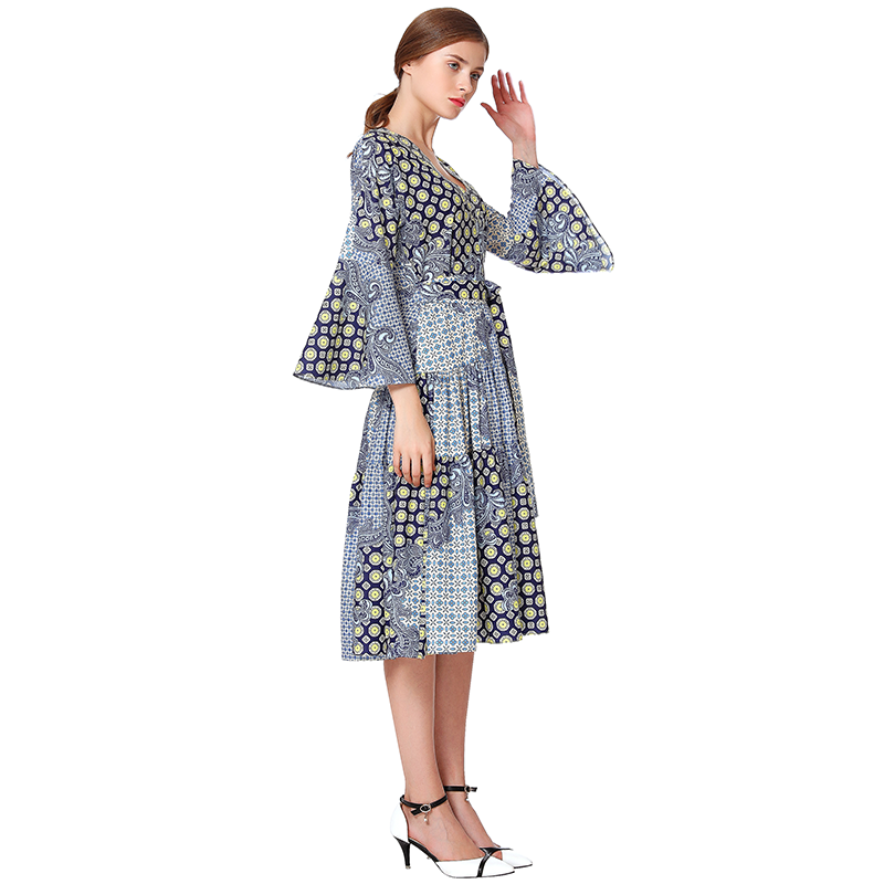 D051 Women Print polyester three-quarter sleeves tiered design midi dress