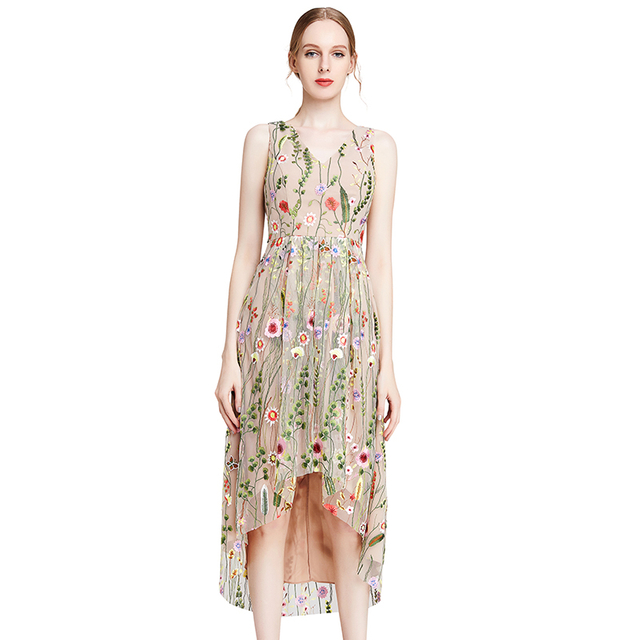 D006 Women All-over floral embroidered tulle sleeveless asymmetric hem midi party dress