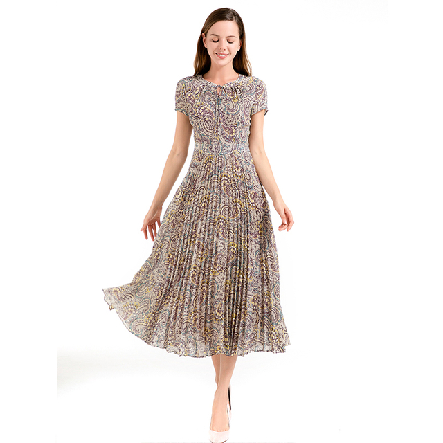 D013 Women Paisley print cap sleeves pleated midi day dress